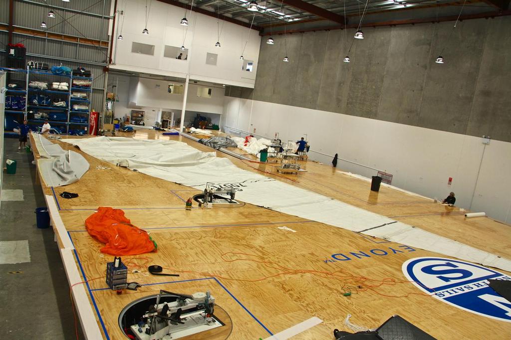 Cruising and racing sails on the main loft floor. The design office overlooks the floor, with the lunchroom beneath - North Sails NZ Loft - July 20, 2016 © Richard Gladwell www.photosport.co.nz